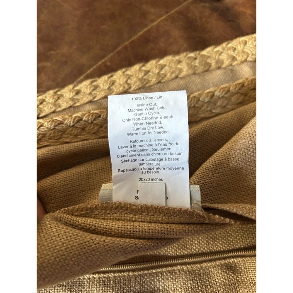 Pottery Barn Set of 2 Linen Pillow Covers 20x20 Braided Jute Trim Beige Tan